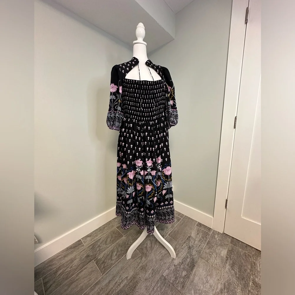 Anthropologie Dasha Smocked Midi Floral Tie  Bohemian Dress Size Large - Picture 5 of 17
